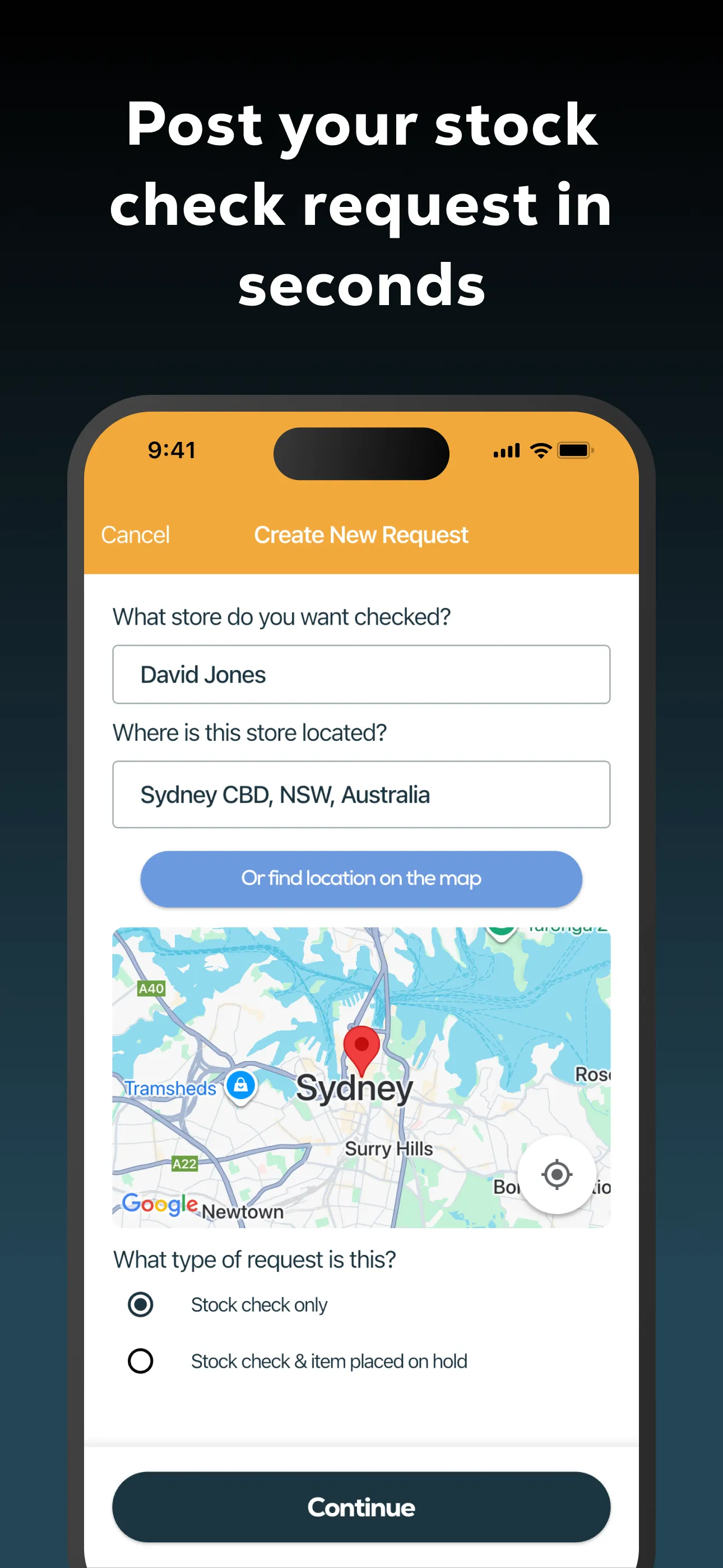 App screen: post your stock check request in seconds, choosing the store, location and request type.