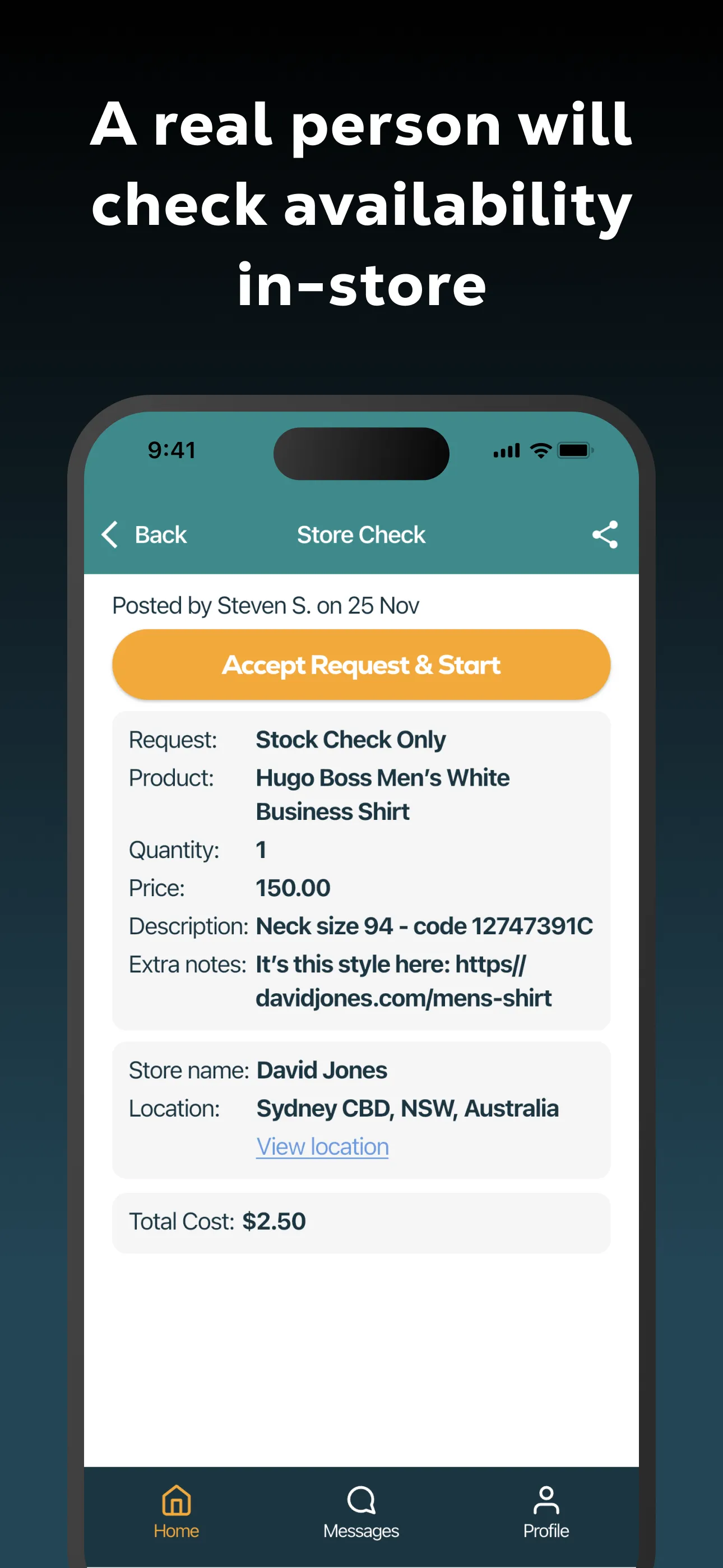 App screen: a real person will check availability in-store and accept your request.