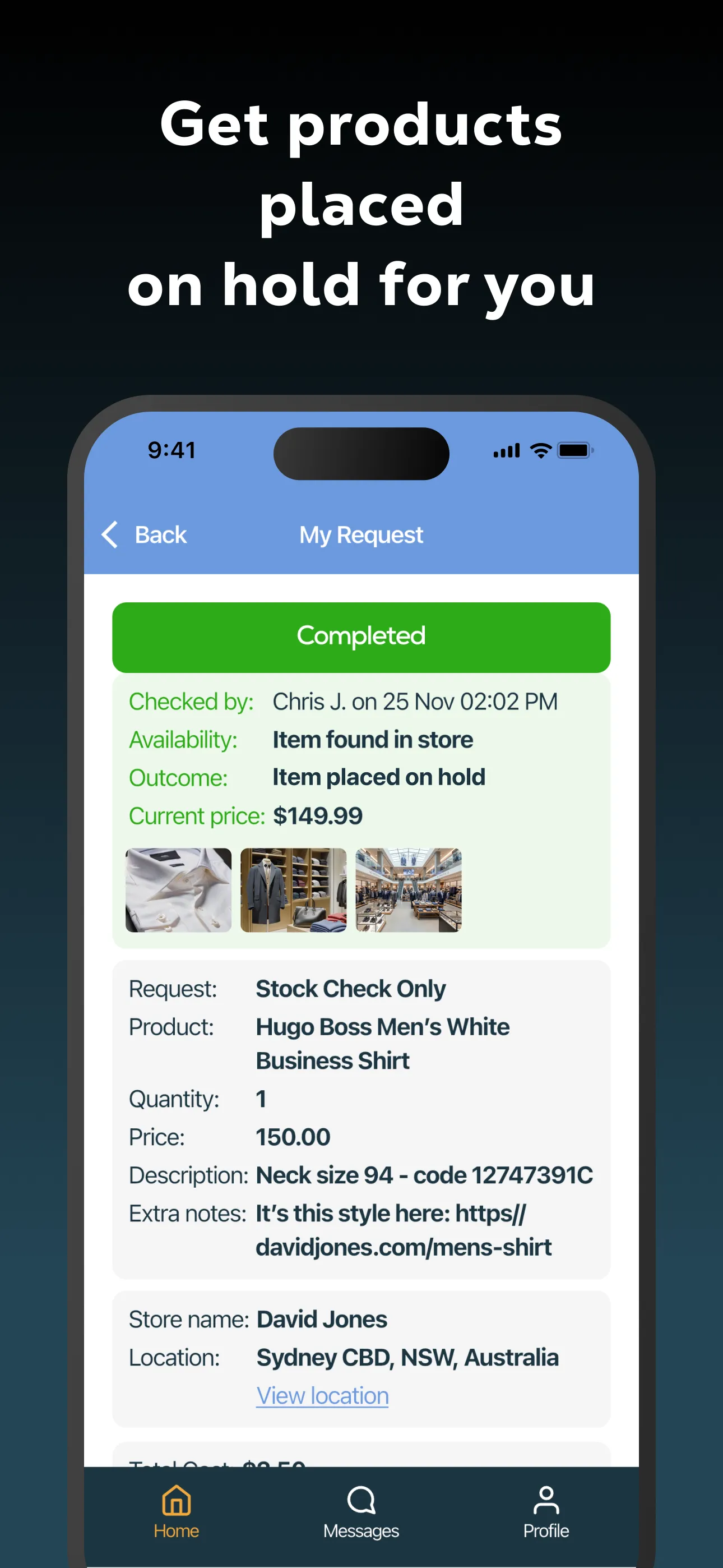 App screen: a completed request showing the item found in store, placed on hold, with photos and current price.