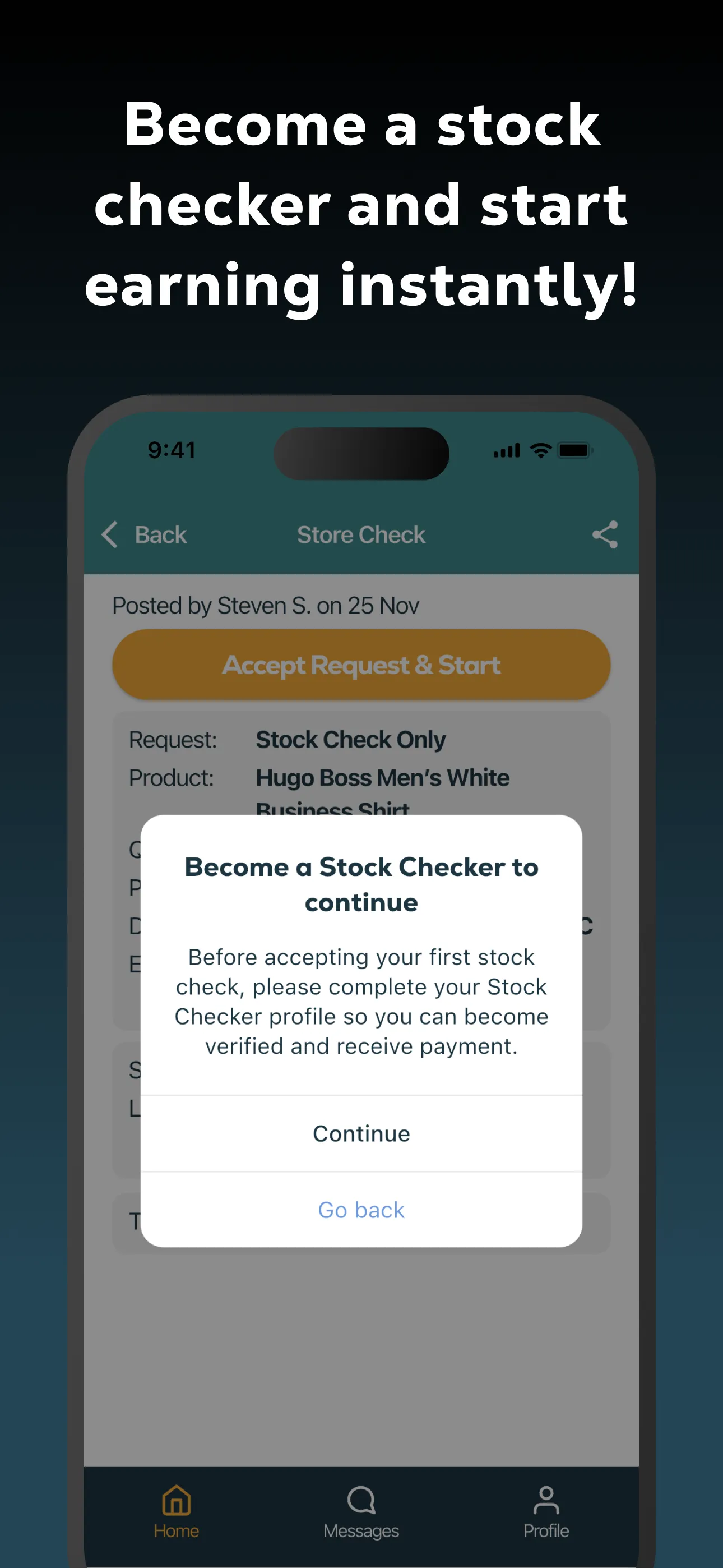 App screen: become a Stock Checker, complete your profile and start earning instantly.
